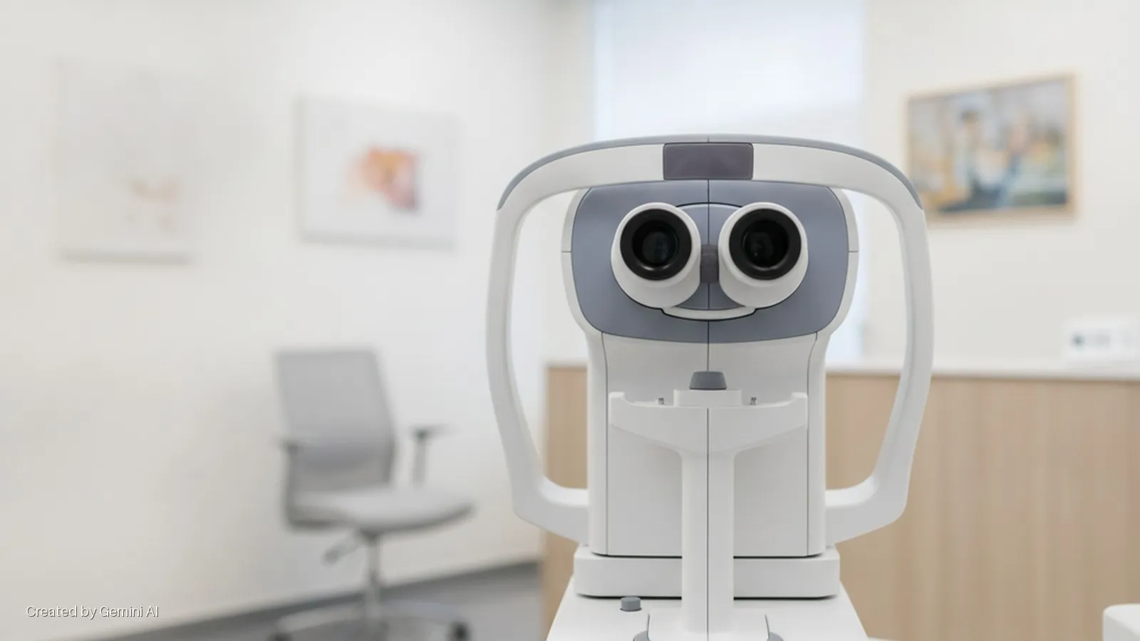 A white and grey ophthalmic autorefractor is centered in a brightly lit, clean eye examination room with blurred wall art, a grey chair, and wooden cabinetry in the background.