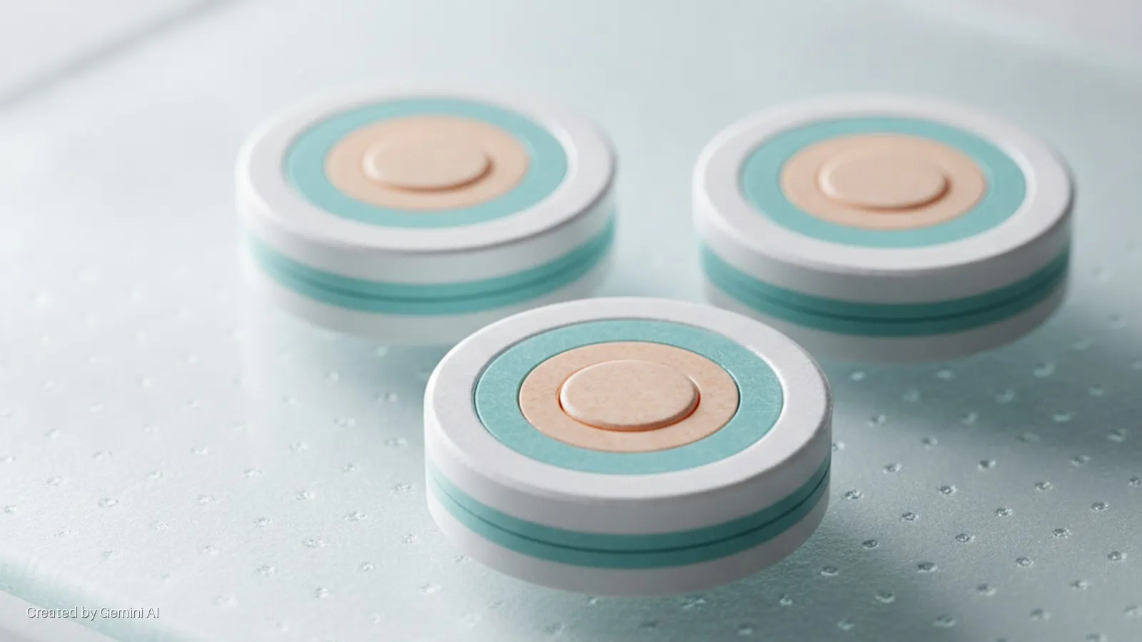 Three round objects, each with concentric white, teal, and peach circles and a raised center, plus a teal band around their sides, rest on a textured light blue surface with a dotted pattern under bright, soft lighting.