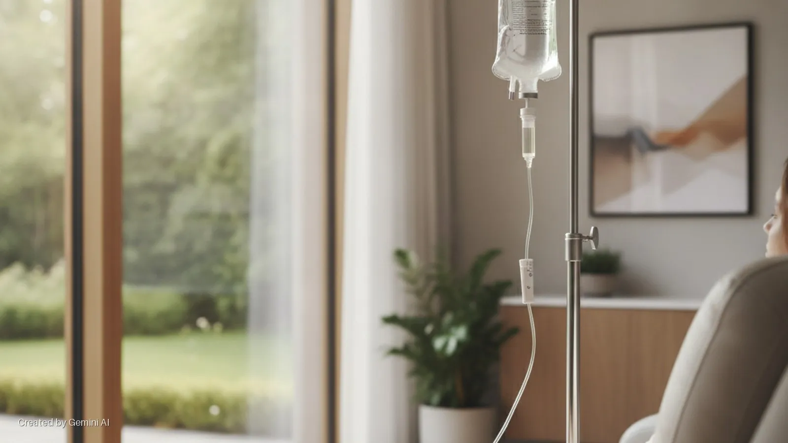 A clear IV bag on a metal stand delivers fluid to a person seated in a light-colored chair in a brightly daylit room with a large window opening to a lush green outdoor view.