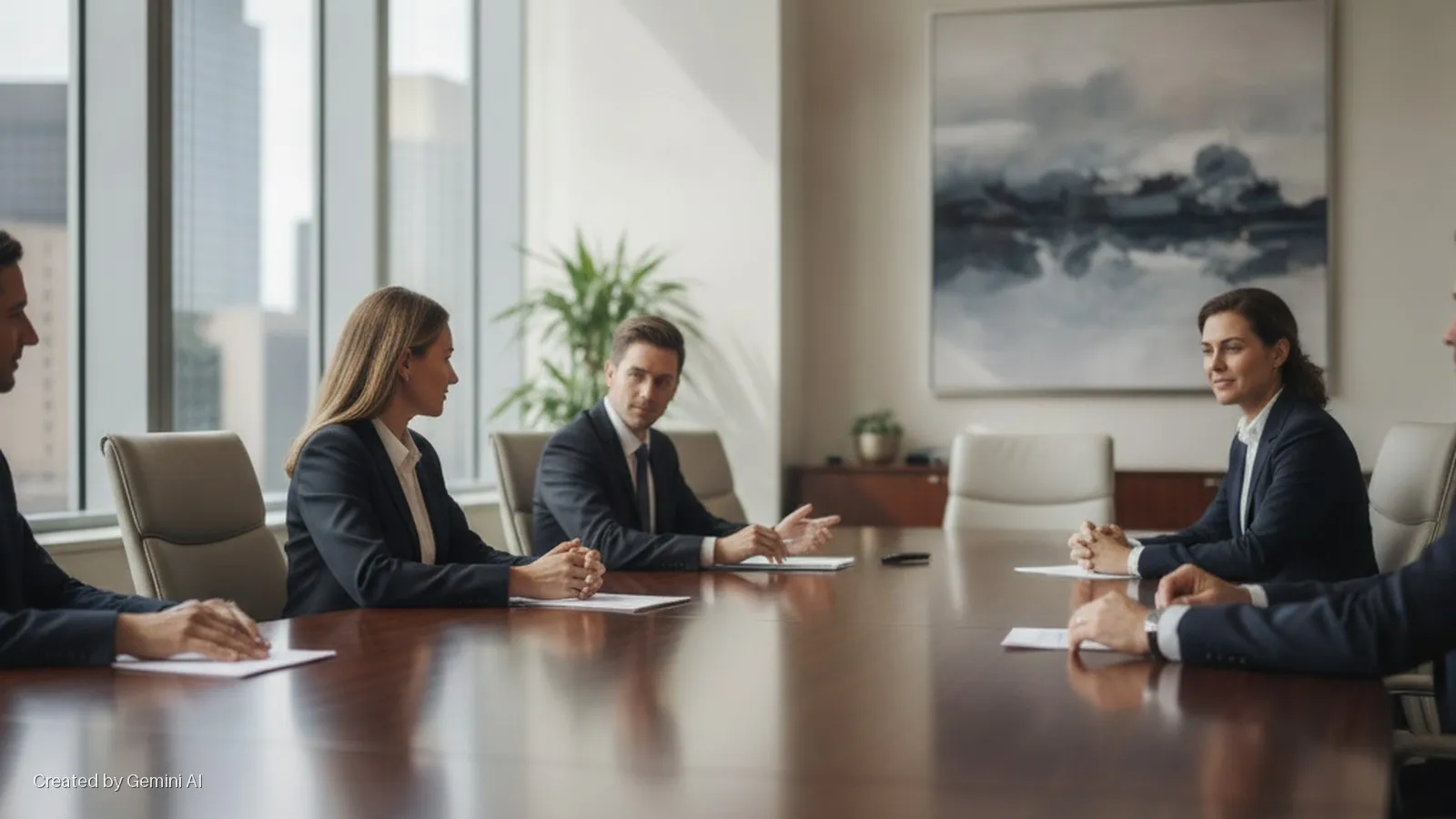 Six business professionals in dark suits are seated at a polished conference table in a modern, naturally lit office, with large windows showing a cityscape and abstract artwork on the wall.