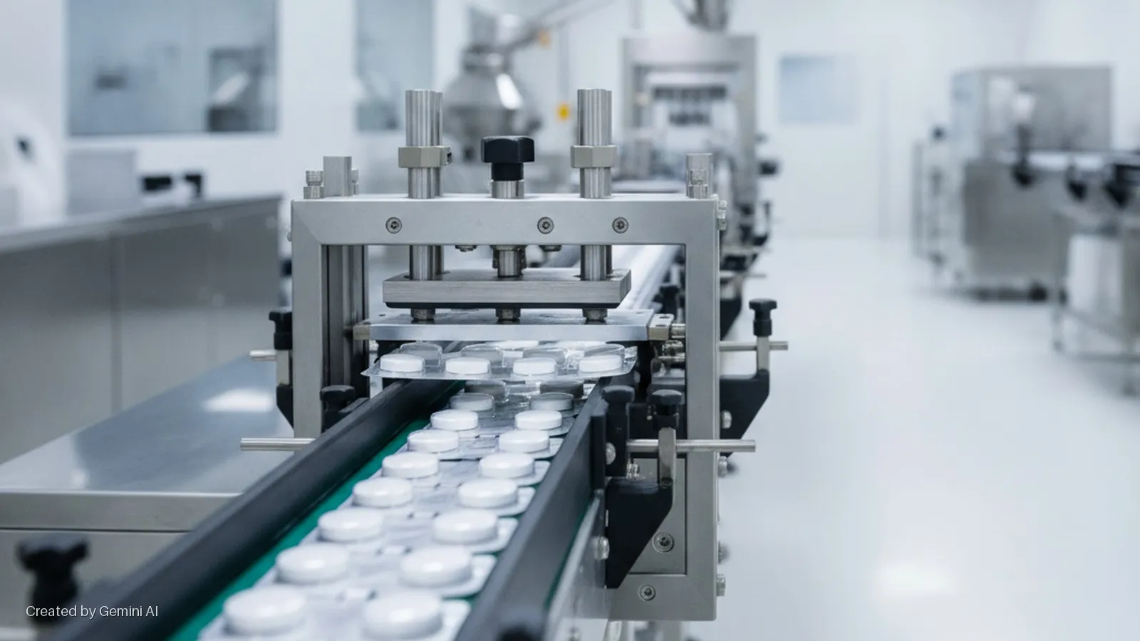 Blister packs of white pills move along a conveyor belt through a brightly lit pharmaceutical packaging machine in a cleanroom.