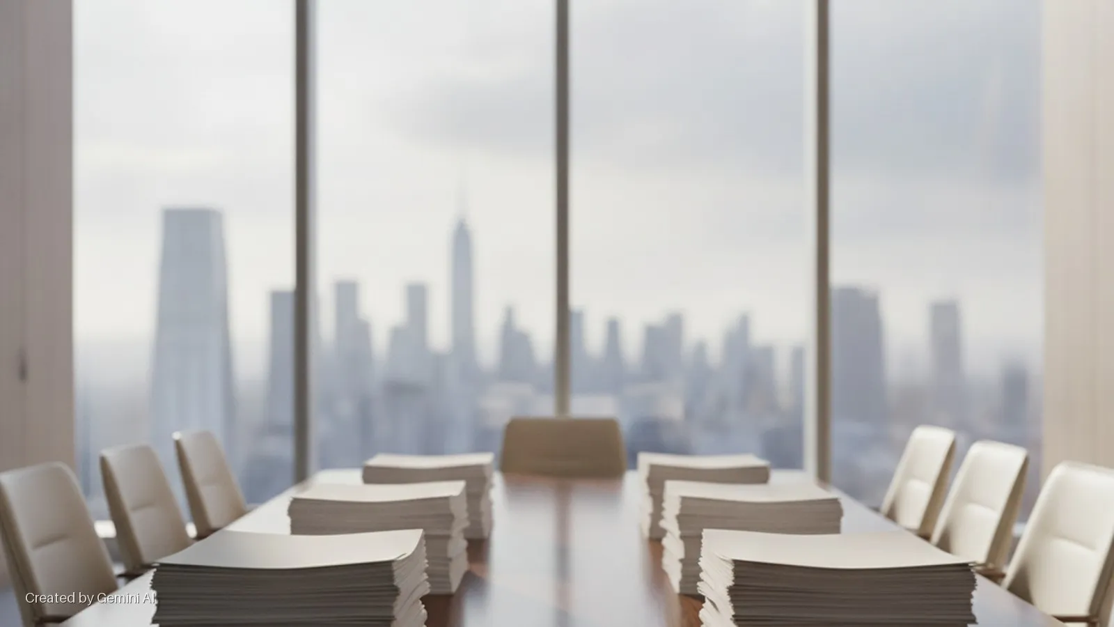 A conference room features a long table laden with stacks of white documents and light-colored chairs, brightly lit by large windows revealing a blurred, overcast city skyline.
