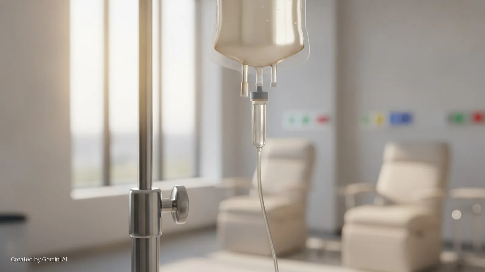 A close-up of an IV bag on a metal pole is illuminated by bright sunlight streaming through a large window into a medical room with blurred treatment chairs in the background.