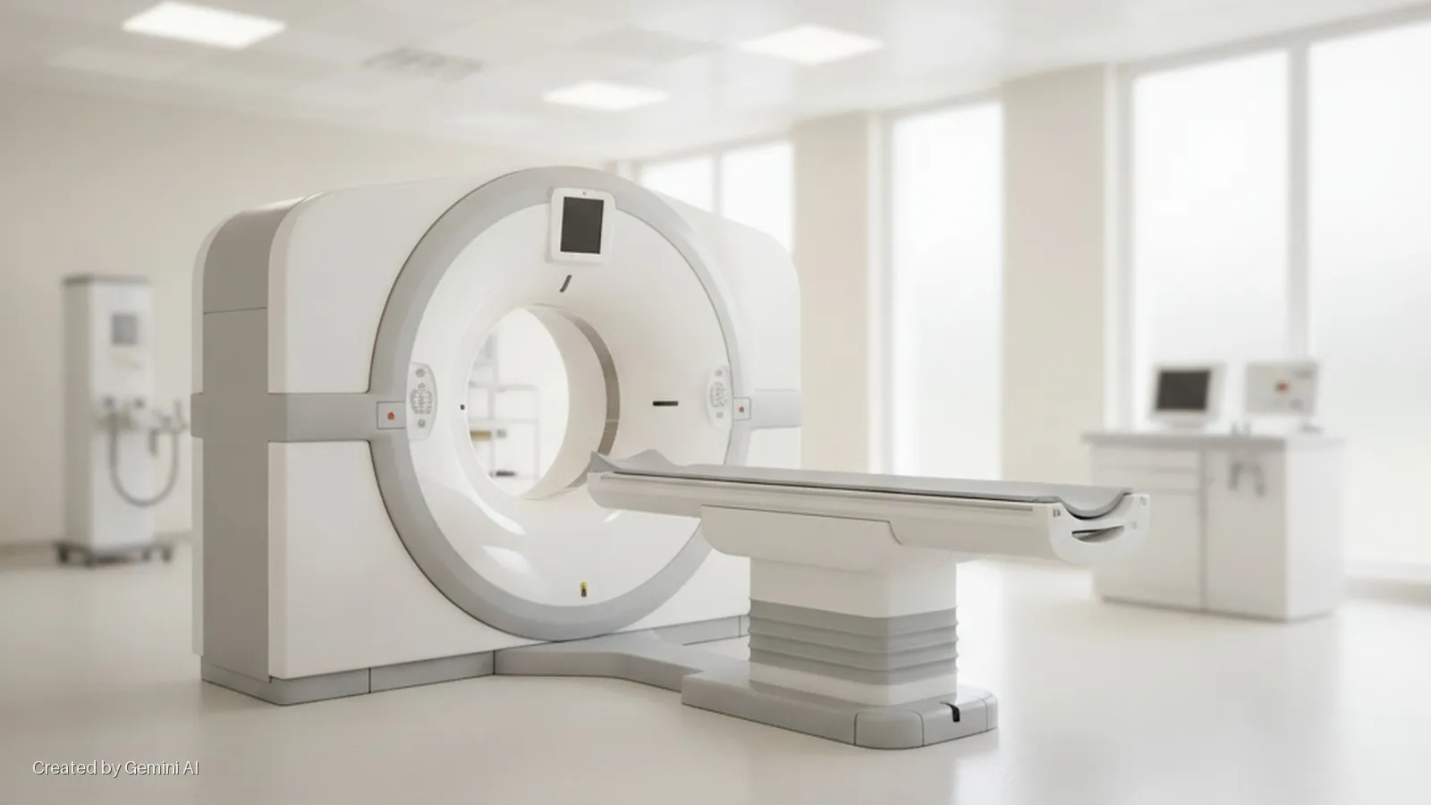 A brightly lit medical imaging room contains a large white and gray CT scanner with an attached patient table, and blurred medical equipment and a desk with monitors in the background.