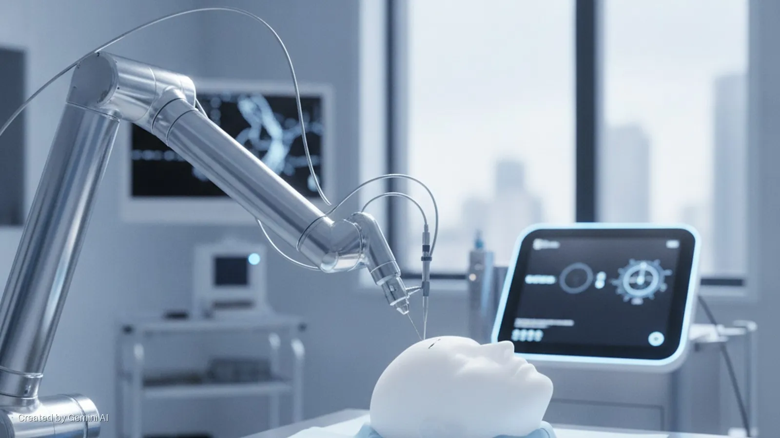 A brightly lit, sterile medical room features a metallic robotic arm positioned over a white mannequin head, a digital control screen, and a city view through a large window in the background.