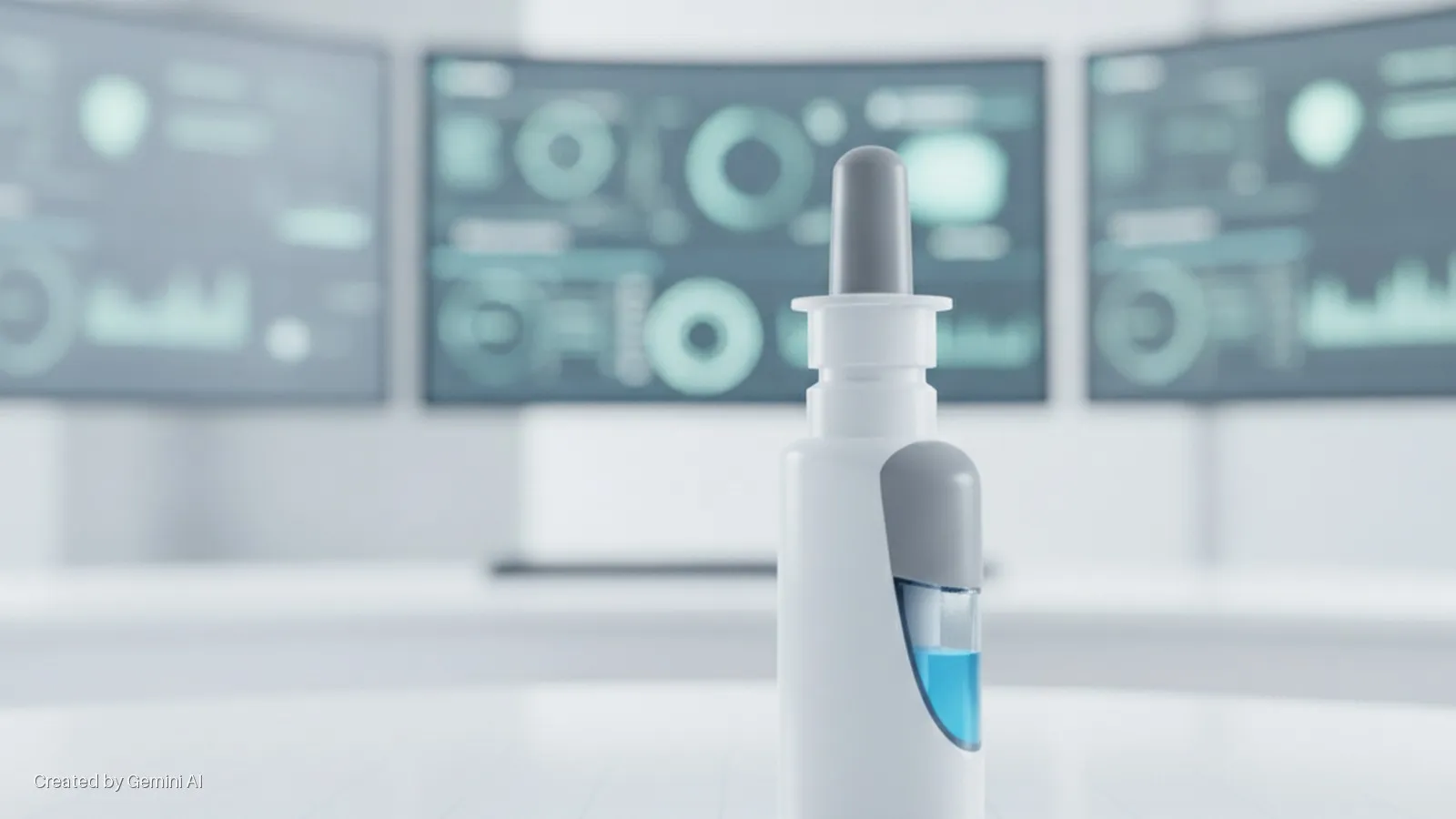 A white and grey nasal spray bottle containing blue liquid stands on a white surface in a brightly lit modern setting, with three blurred computer monitors displaying abstract data in the background.