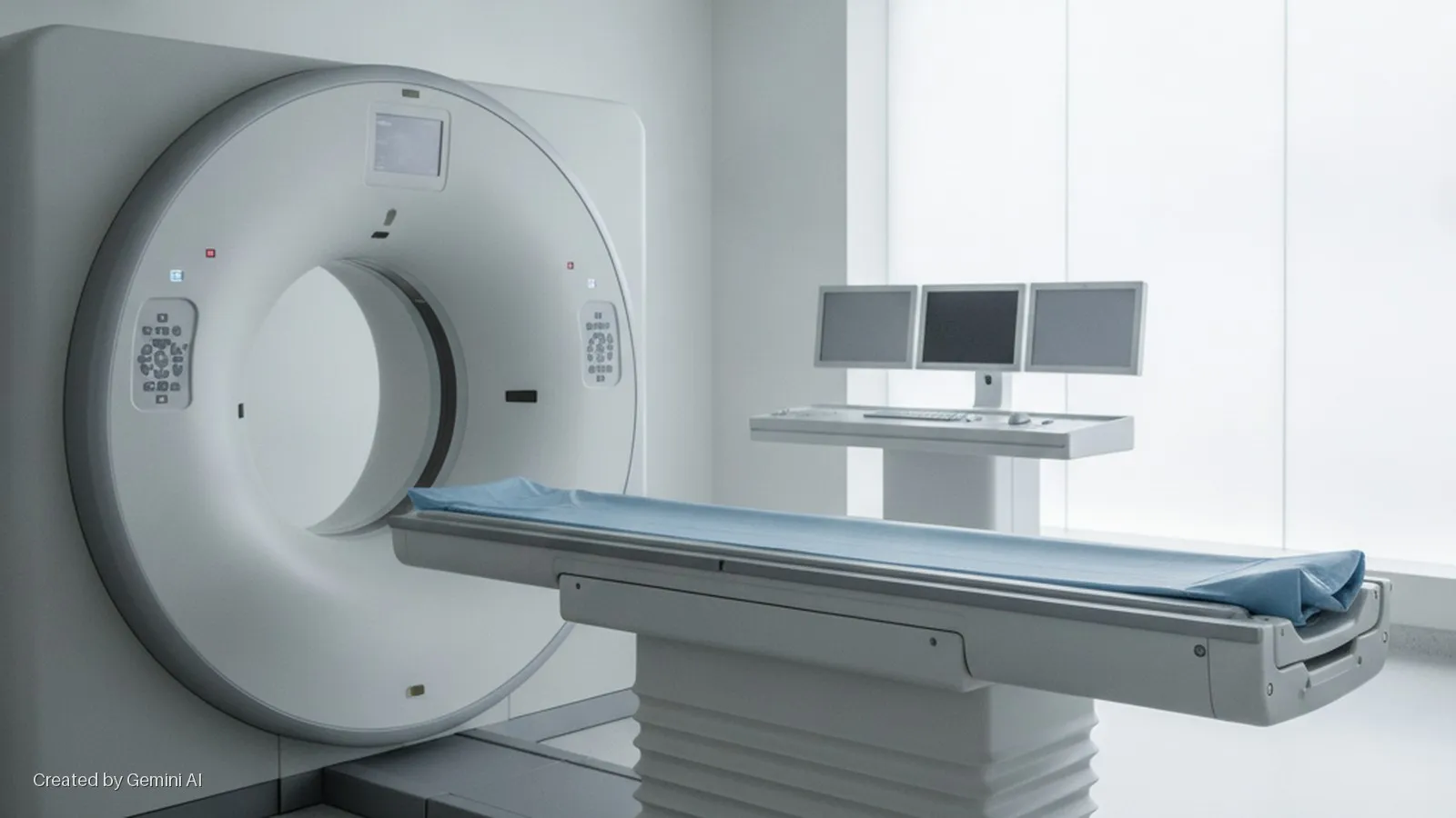 Brightly lit medical imaging room with a white CT scanner, a patient table covered by a blue sheet, and a desk with three computer monitors.