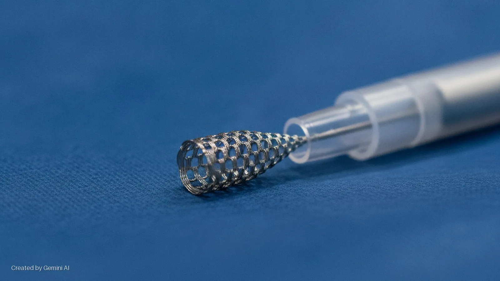 A conical metal mesh structure attached to a translucent plastic tube rests on a blue textured fabric, illuminated by soft, even lighting.