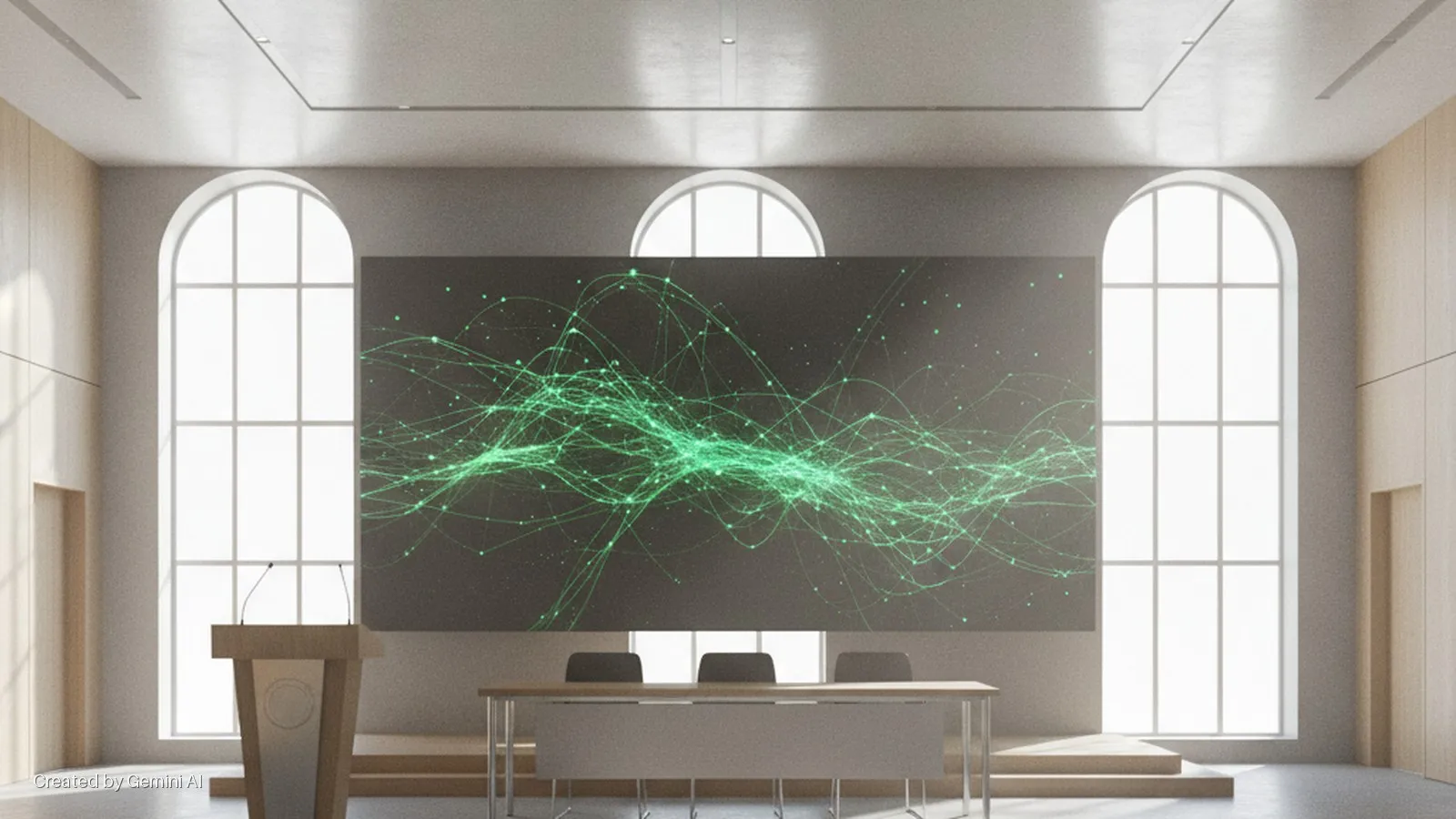 A bright conference room with three arched windows, a wooden podium with microphones, and a conference table with three chairs, features a large screen displaying a glowing green abstract network of lines and dots.