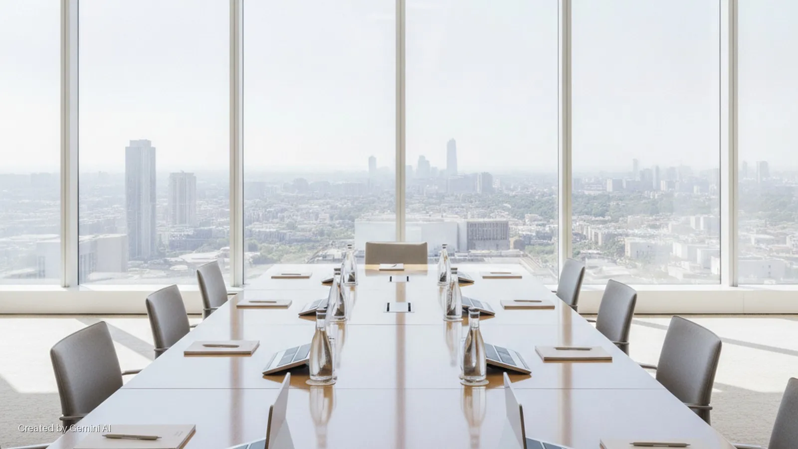 A brightly lit conference room features a long meeting table surrounded by chairs, set with water bottles and notepads, facing floor-to-ceiling windows with a hazy city skyline beyond.