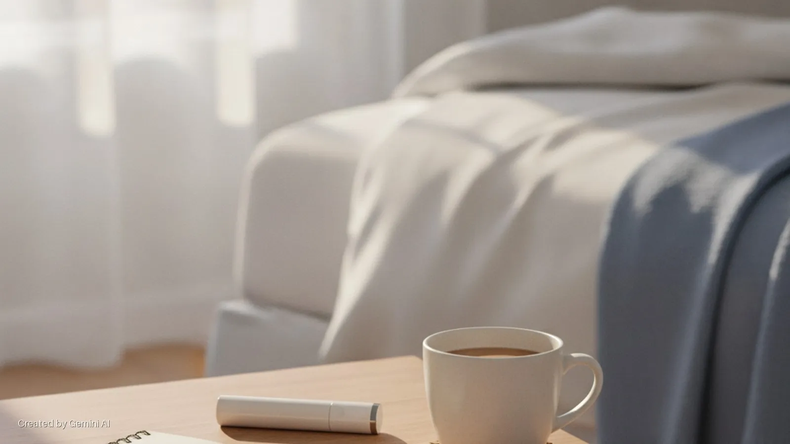 A white coffee mug, a white pen, and a spiral notebook rest on a light wood table next to a bed with white sheets and a blue blanket, illuminated by bright natural light streaming through a window.