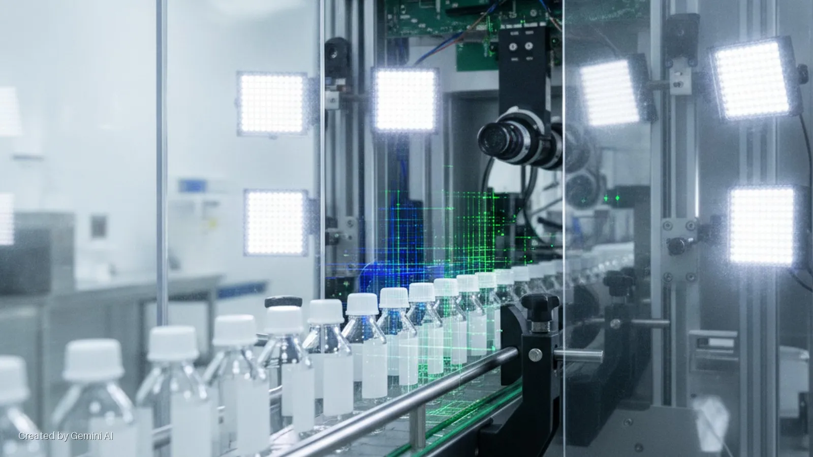 Clear bottles on a conveyor belt pass under an inspection camera and bright LED lights in a cleanroom manufacturing facility, with blue and green digital grid patterns overlaid.