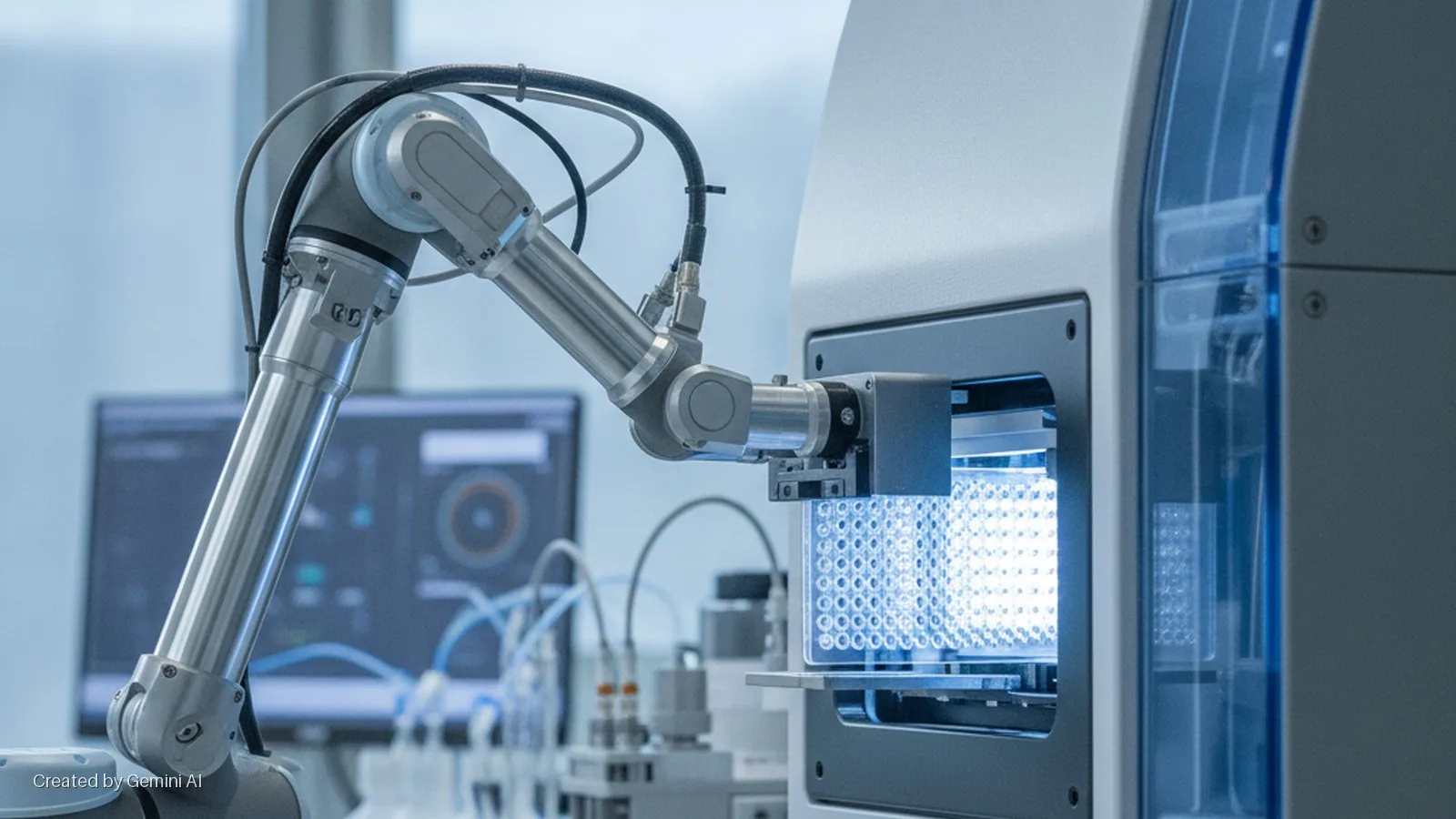 A robotic arm positions a multi-well plate inside laboratory equipment, glowing with bright blue light, while a computer monitor displays data in the background of a modern lab.