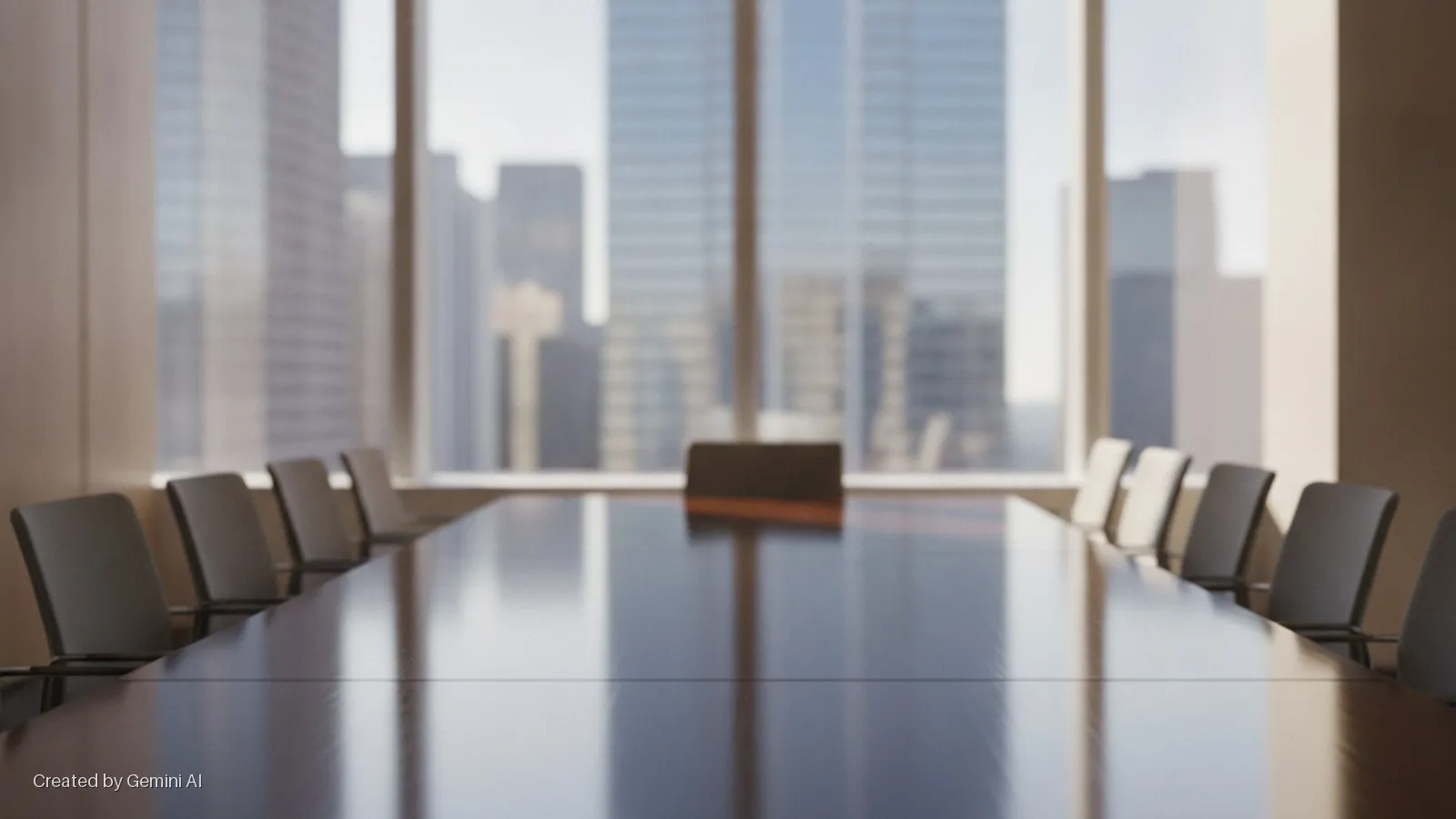 A brightly lit conference room features a long, reflective table surrounded by chairs, with blurred city buildings visible through the large window.