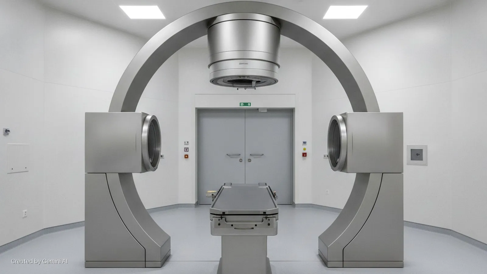 A large, silver proton therapy machine with an arched gantry, two side units, and a central patient table is positioned in a brightly lit, sterile white treatment room with a double door.