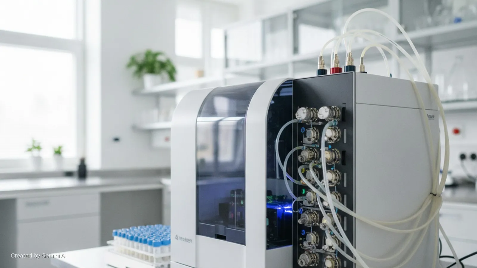 A white and grey automated laboratory instrument with connected clear tubing and blue internal lighting stands on a clean bench next to a rack of test tubes, in a brightly lit modern laboratory with windows.