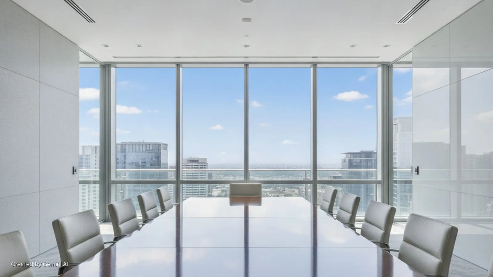 A bright, naturally lit conference room features a long, reflective dark table, light grey chairs, ceiling lights, and air vents, offering an expansive view of a city skyline through large windows under a blue sky.