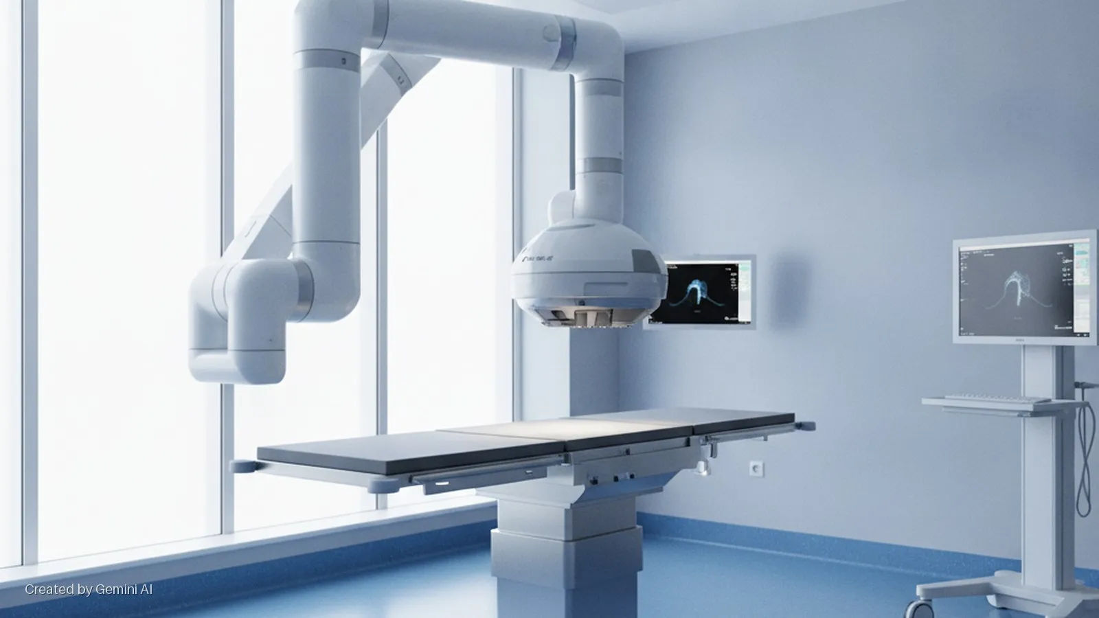 A brightly lit modern operating room features a ceiling-mounted robotic arm extending an imaging device over an operating table, with large windows providing natural light and monitors displaying medical scans.