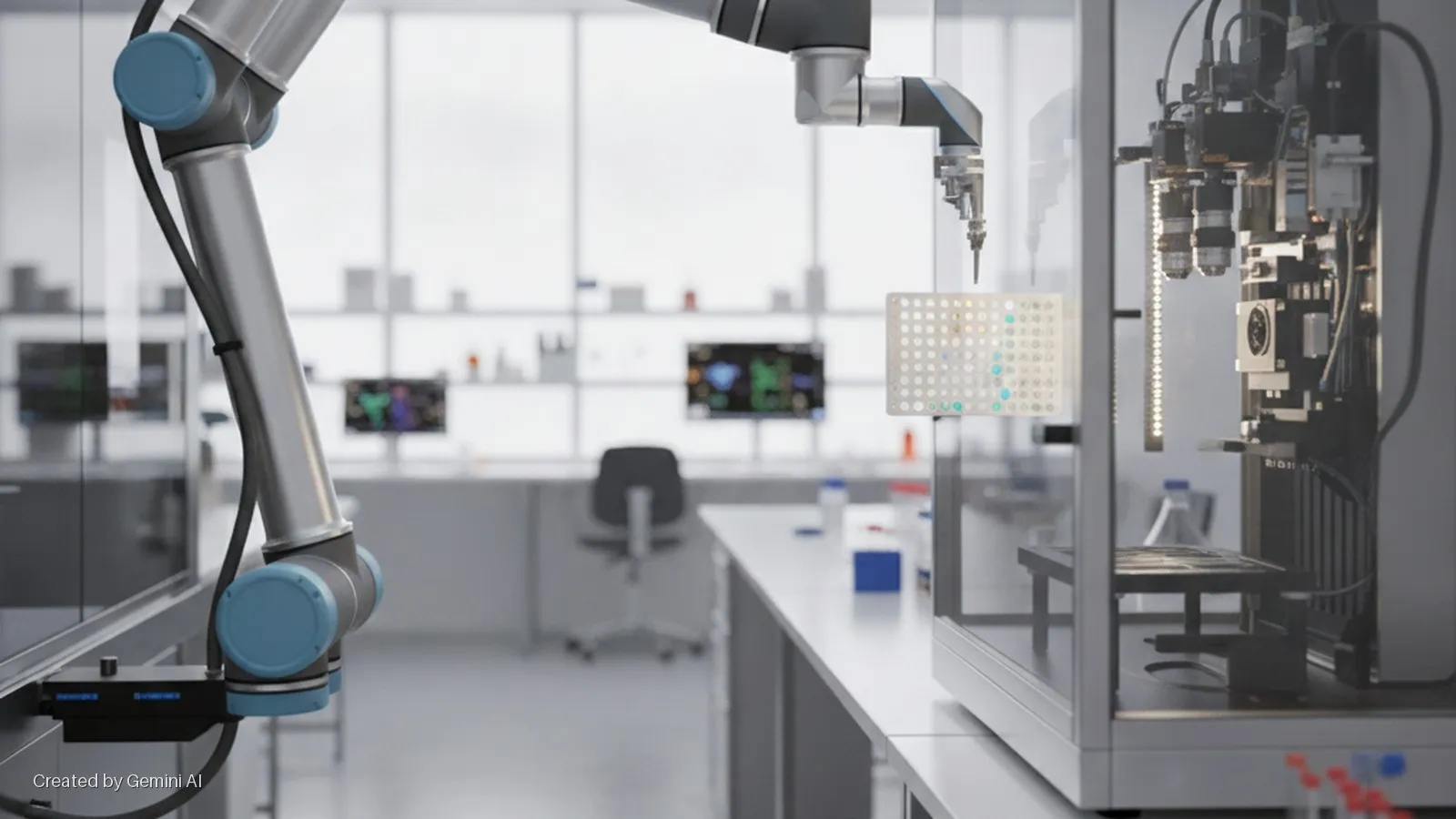 A gray and blue robotic arm precisely dispenses liquids into a white microplate, positioned next to a brightly lit automated instrument, within a clean, modern laboratory.