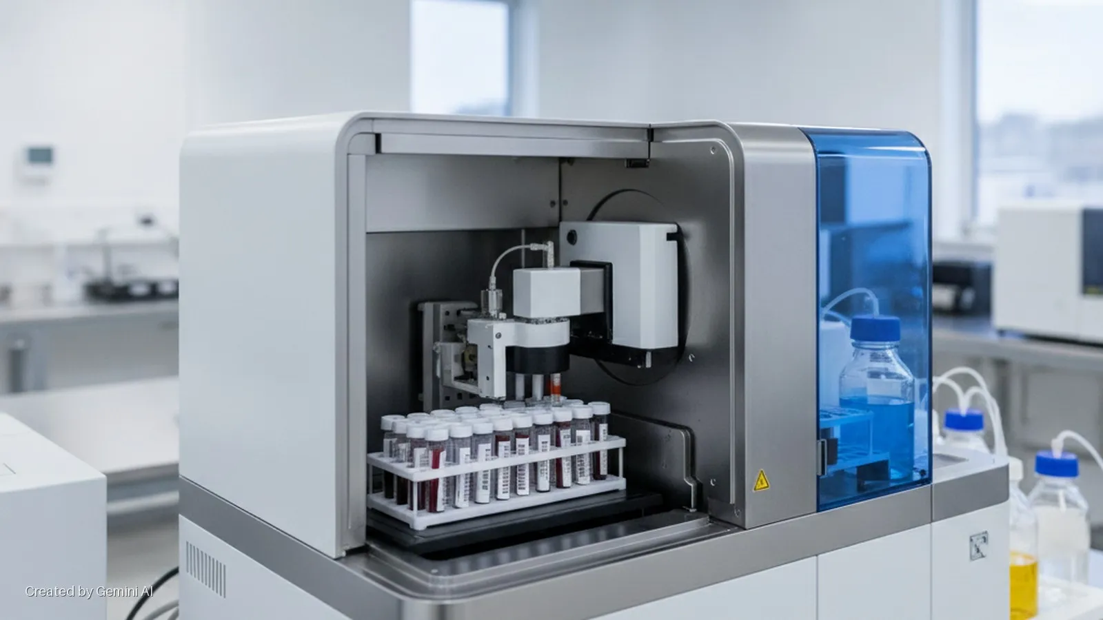 A modern lab automation machine with a robotic arm processing test tubes of red liquid, alongside reagent bottles with blue and yellow liquids, sits in a brightly lit laboratory.
