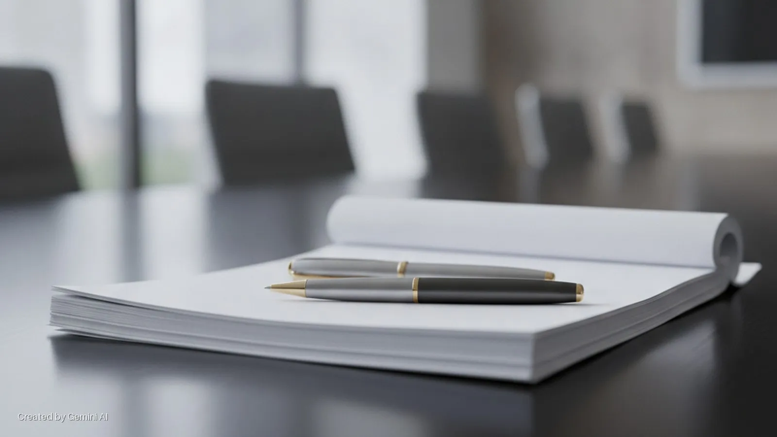 Two silver pens with gold accents rest on a stack of white paper on a dark conference table, brightly lit by natural light with blurred conference room chairs and windows in the background.
