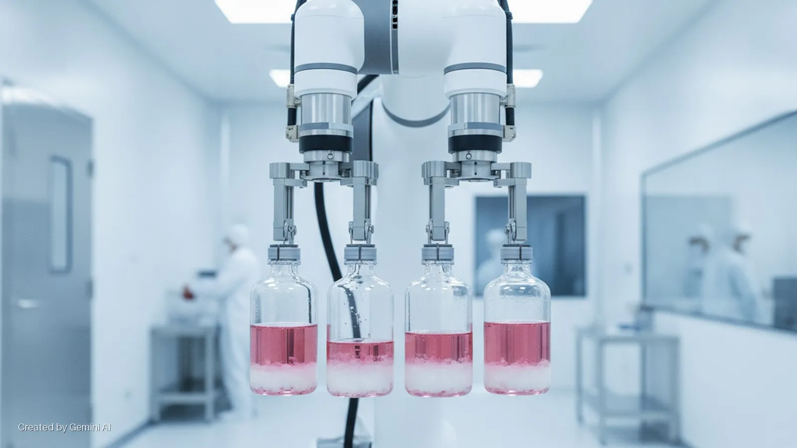 A robotic arm holds four glass vials containing pink liquid over a white solid in a brightly lit, sterile cleanroom, with blurred figures in protective suits working in the background.