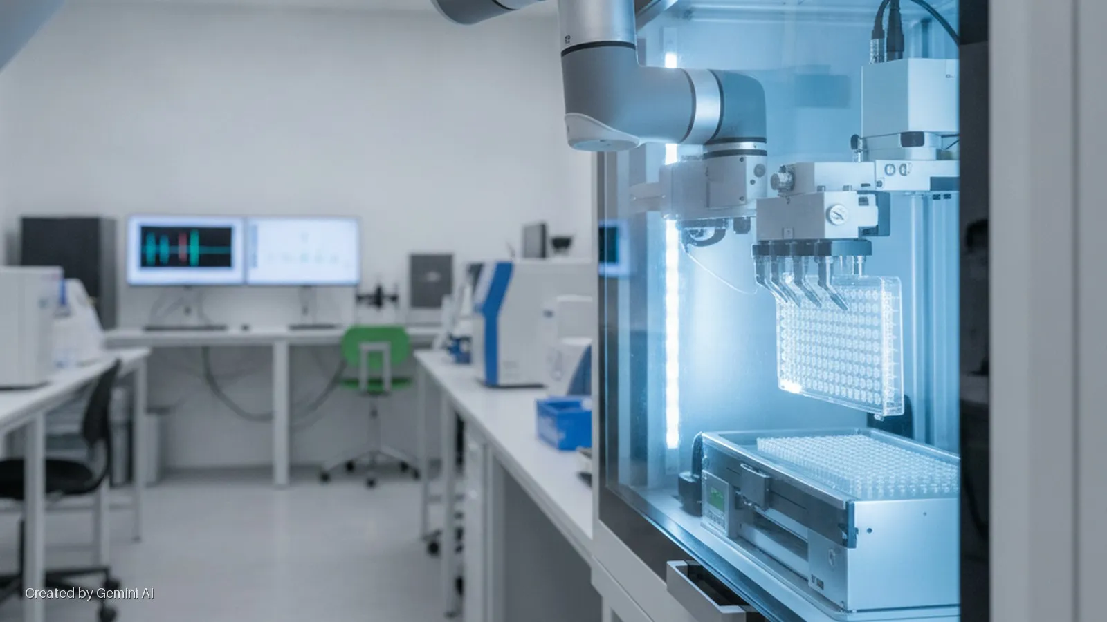 An automated liquid handling system operates on multi-well plates under bright blue light within a modern laboratory featuring multiple computer workstations and scientific equipment.