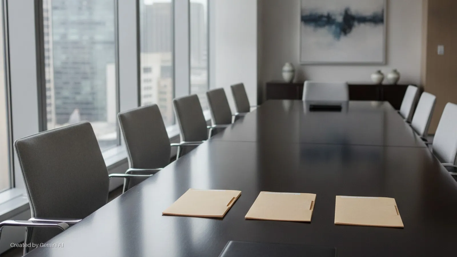 An empty boardroom features a long dark conference table with three manila folders, surrounded by grey and white chairs, bathed in natural light from large windows overlooking a city skyline.