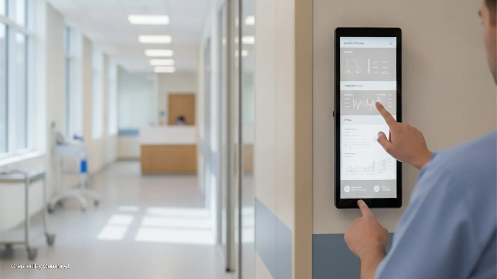 A medical professional in blue scrubs uses a wall-mounted tablet displaying patient data, in a brightly lit hospital hallway with windows, medical carts, and a reception desk.