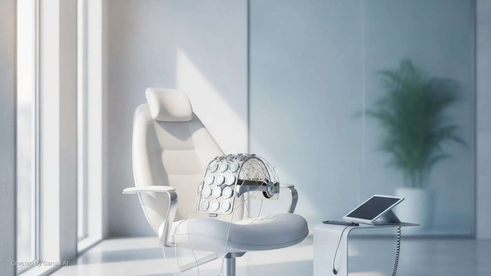 A bright, modern room features a white ergonomic chair with a head-mounted device, a tablet, and a smartphone on a white side table, illuminated by natural light from large windows.