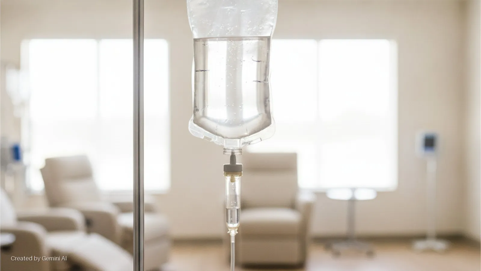 A clear IV drip bag hangs from a metallic pole in a brightly lit medical room with multiple recliners and large windows.