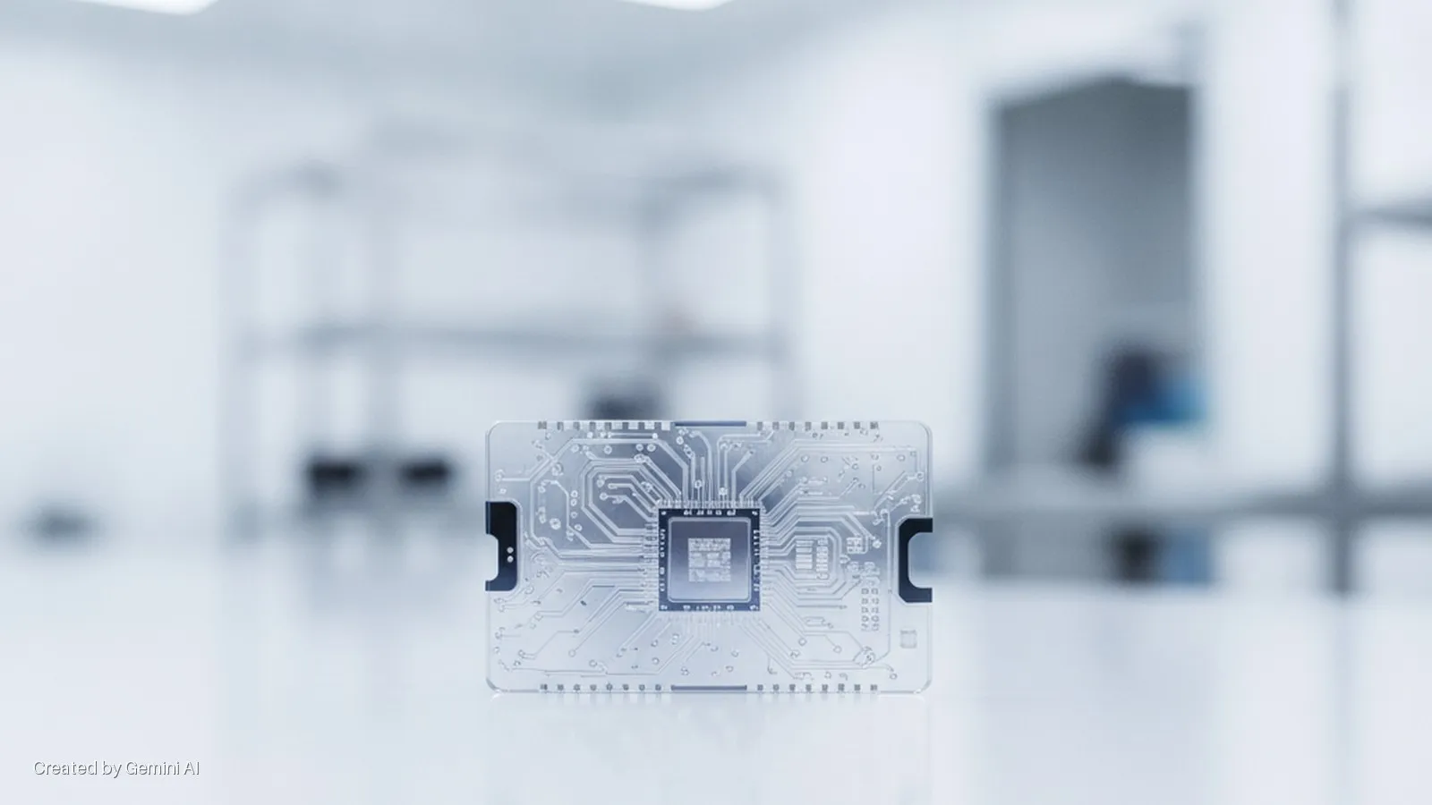 A transparent circuit board with an embedded microchip stands on a reflective white surface in a brightly lit, sterile room with a blurred background.