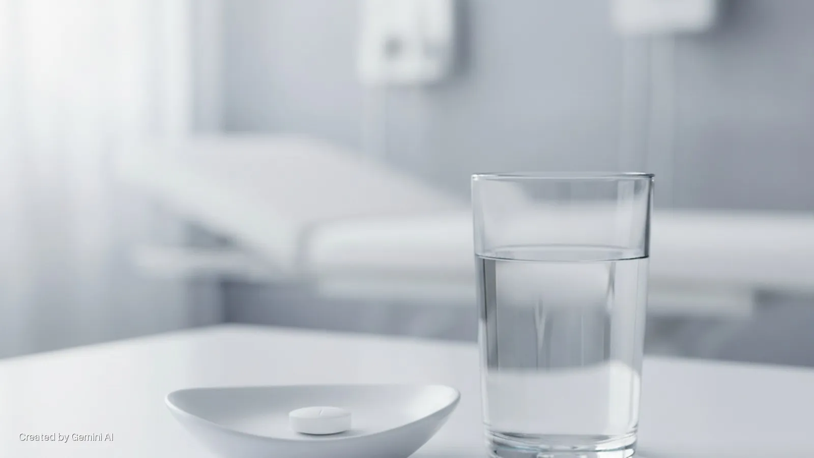 A white pill on a small white dish and a glass of water sit on a table in a brightly lit, blurred clinical room with an examination bed in the background.
