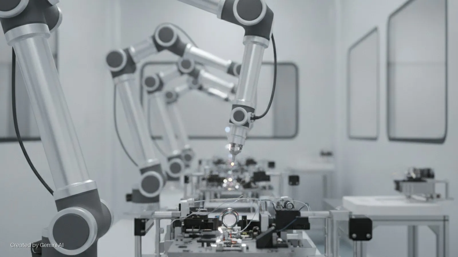 Multiple robotic arms precisely assemble electronic circuit boards on a production line in a brightly lit clean room.