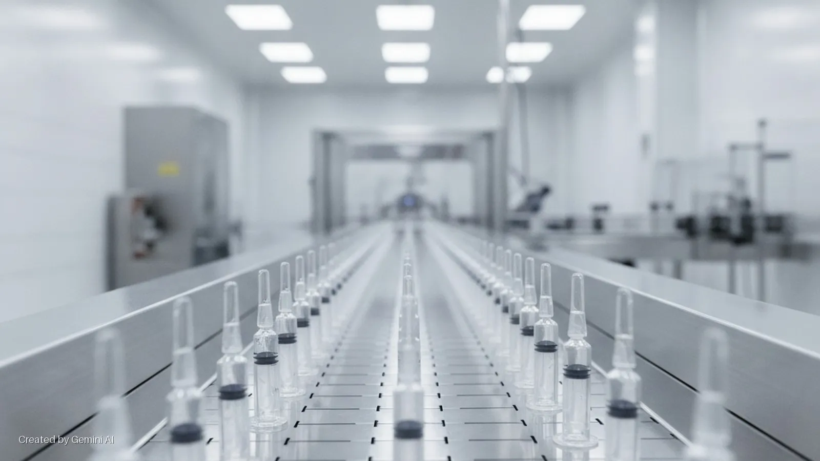 Clear glass ampoules with dark stoppers move along a conveyor belt in a brightly lit, sterile pharmaceutical manufacturing facility.