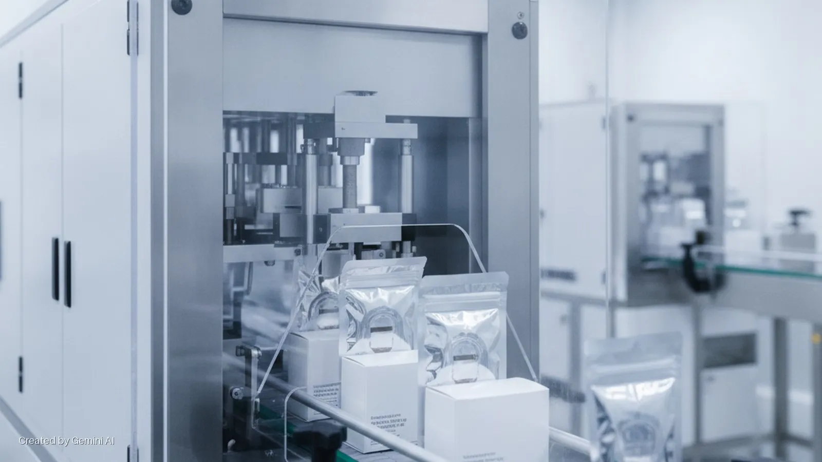 Brightly lit industrial packaging line with a silver machine processing white product boxes and silver foil pouches on a conveyor belt, next to white control cabinets.