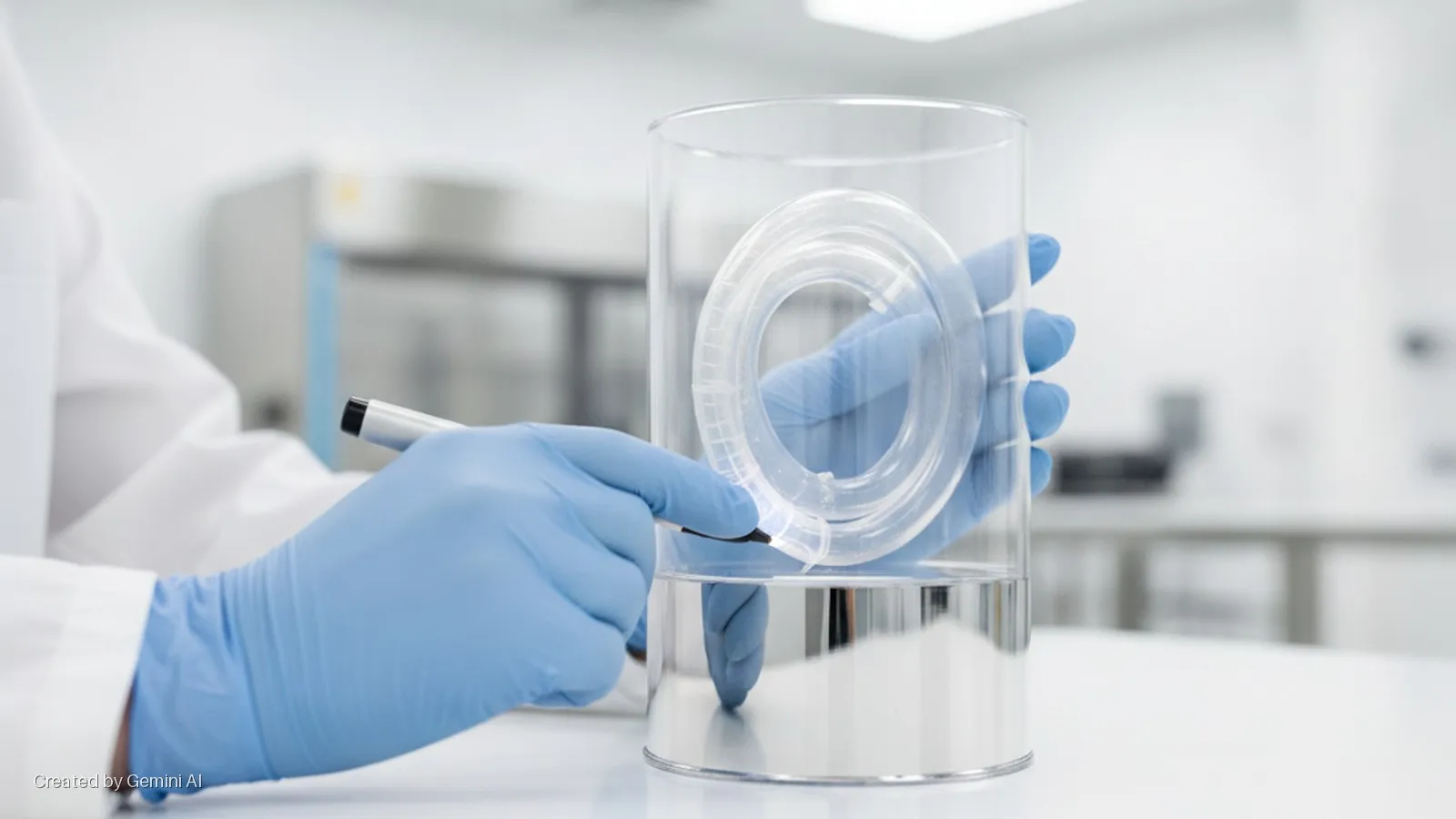 A person in blue gloves and a lab coat uses a light-tipped instrument to inspect a clear circular tube partially submerged in liquid within a glass cylinder, set in a bright laboratory environment.
