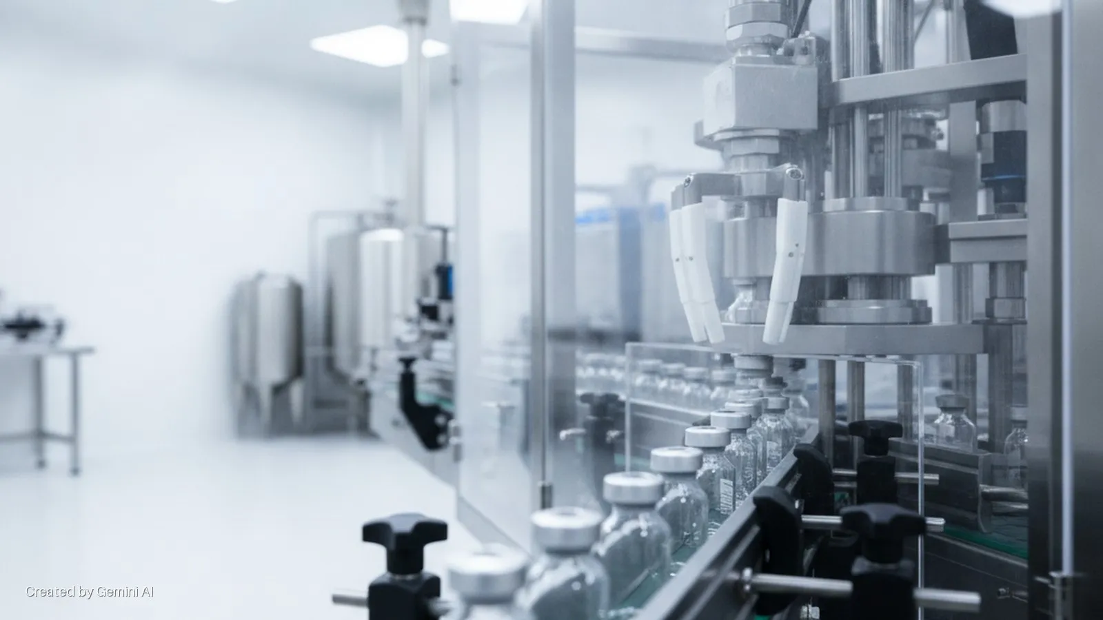 Clear glass vials move along a conveyor belt through automated filling machinery in a brightly lit, sterile pharmaceutical production facility.