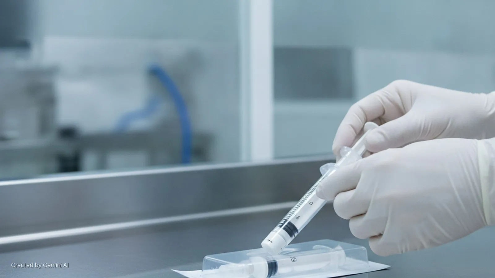 Gloved hands unpack a syringe from its sterile blister pack on a stainless steel counter in a coolly lit, medical laboratory.