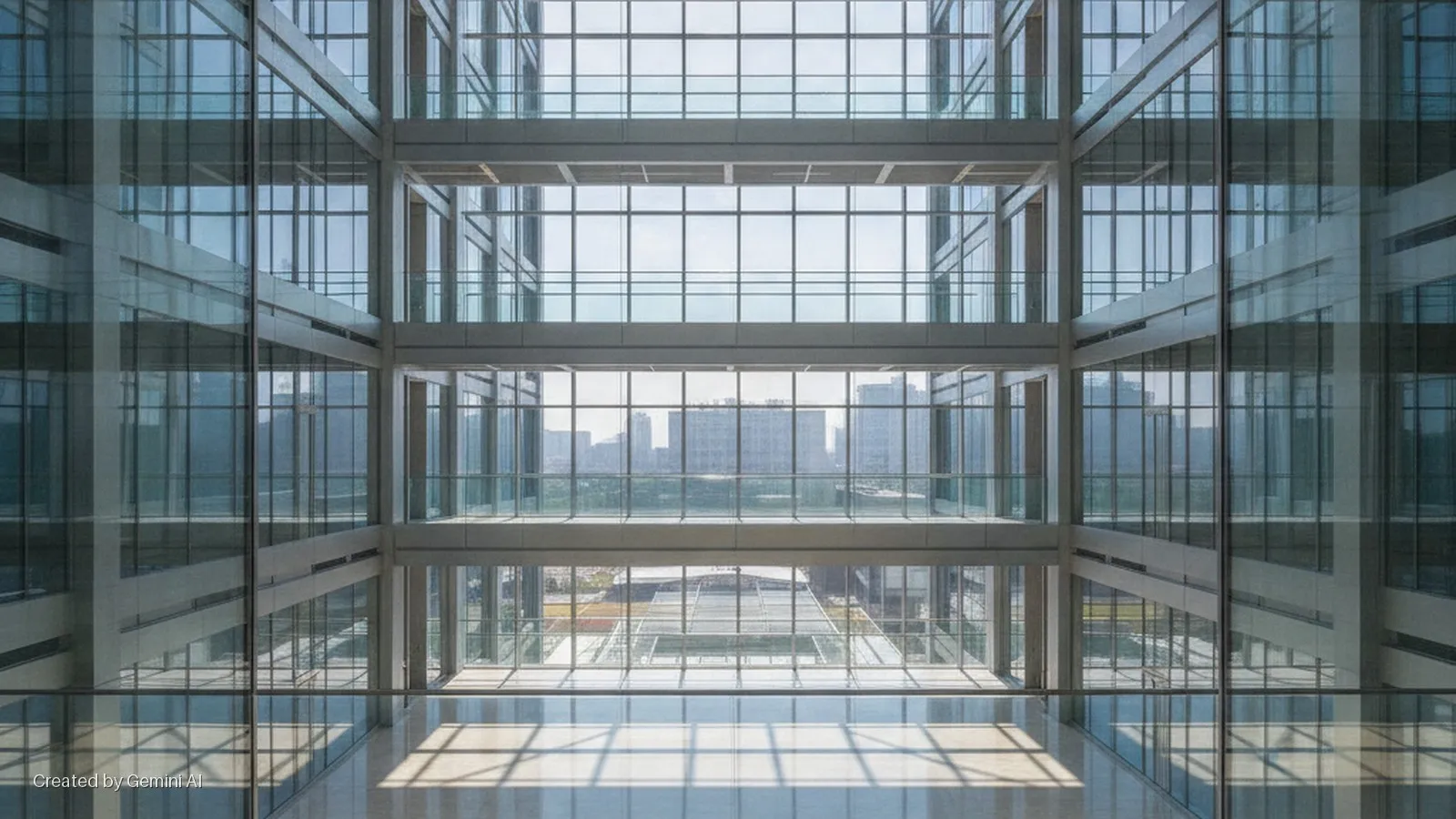 Multi-story glass facade of a modern building's interior atrium, showing a distant cityscape and ground-level plaza under bright sunlight casting geometric shadows on the reflective floor.