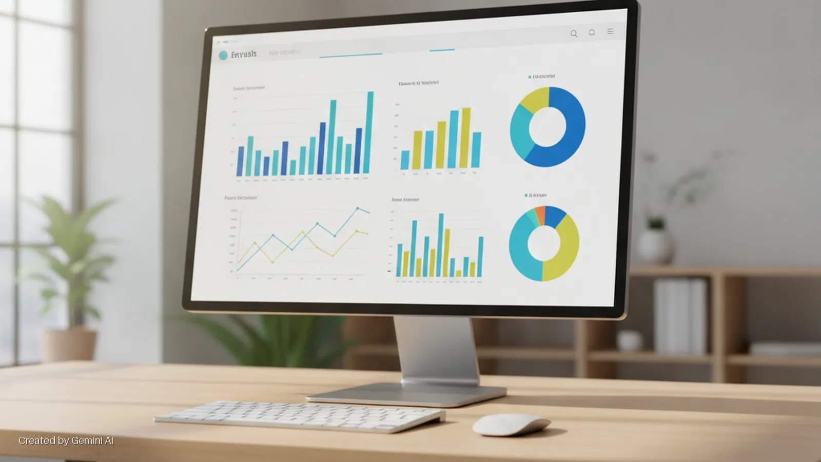 A computer monitor on a wooden desk displays data visualizations with bar graphs, line charts, and donut charts, accompanied by a keyboard and mouse, in a naturally lit office with a window and potted plants in the background.