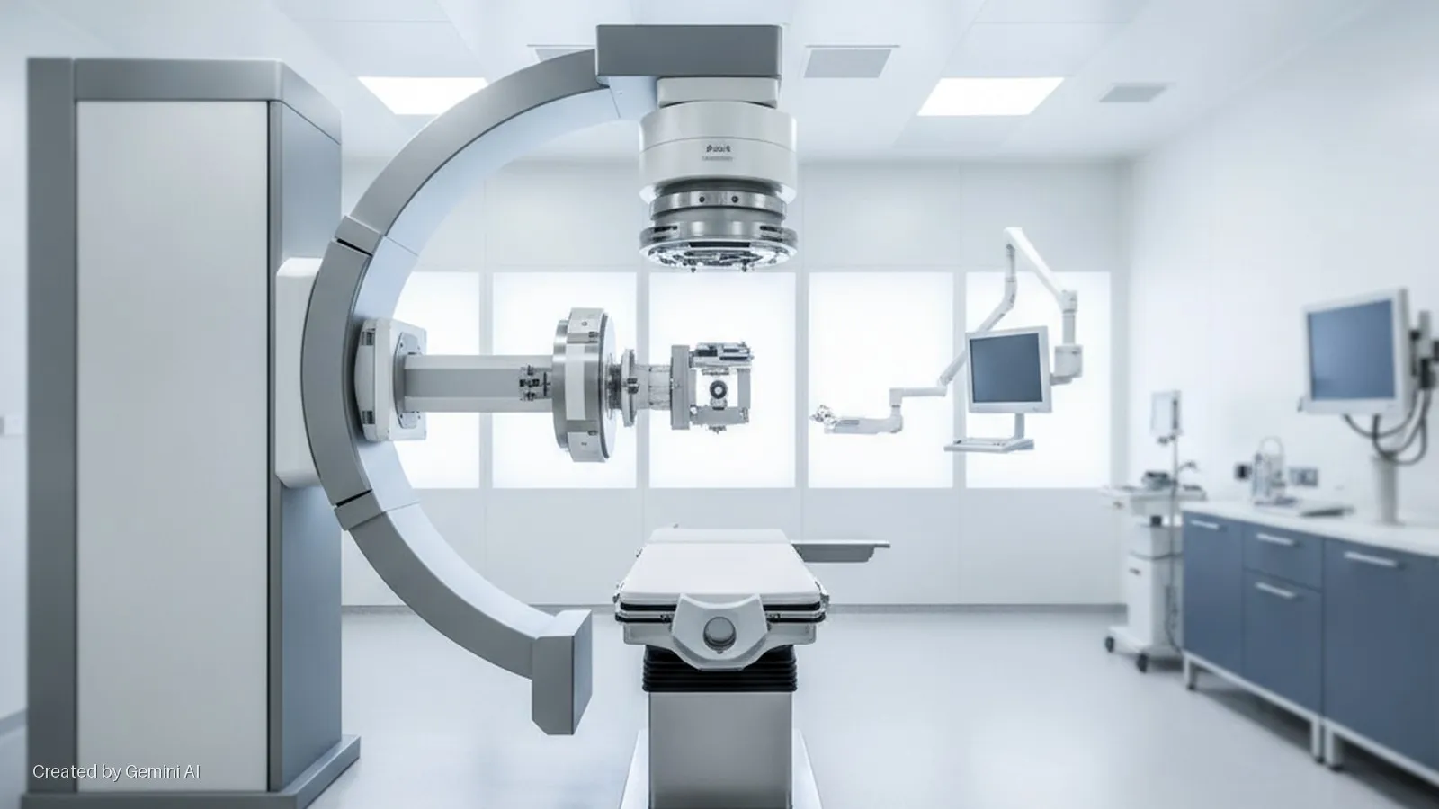 A brightly lit, sterile medical treatment room features a Vero radiation therapy machine with a C-arm, a patient examination table, multiple wall-mounted monitors, and blue medical cabinets.