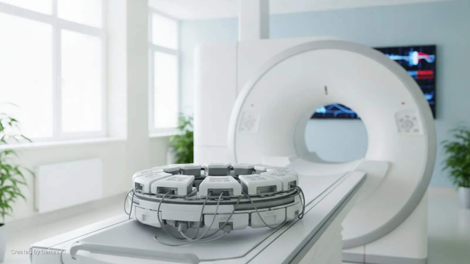 A bright medical examination room with large windows and potted plants features a white medical imaging machine (CT or MRI scanner) with a circular array of sensor modules resting on its patient bed, and a wall monitor displaying complex da