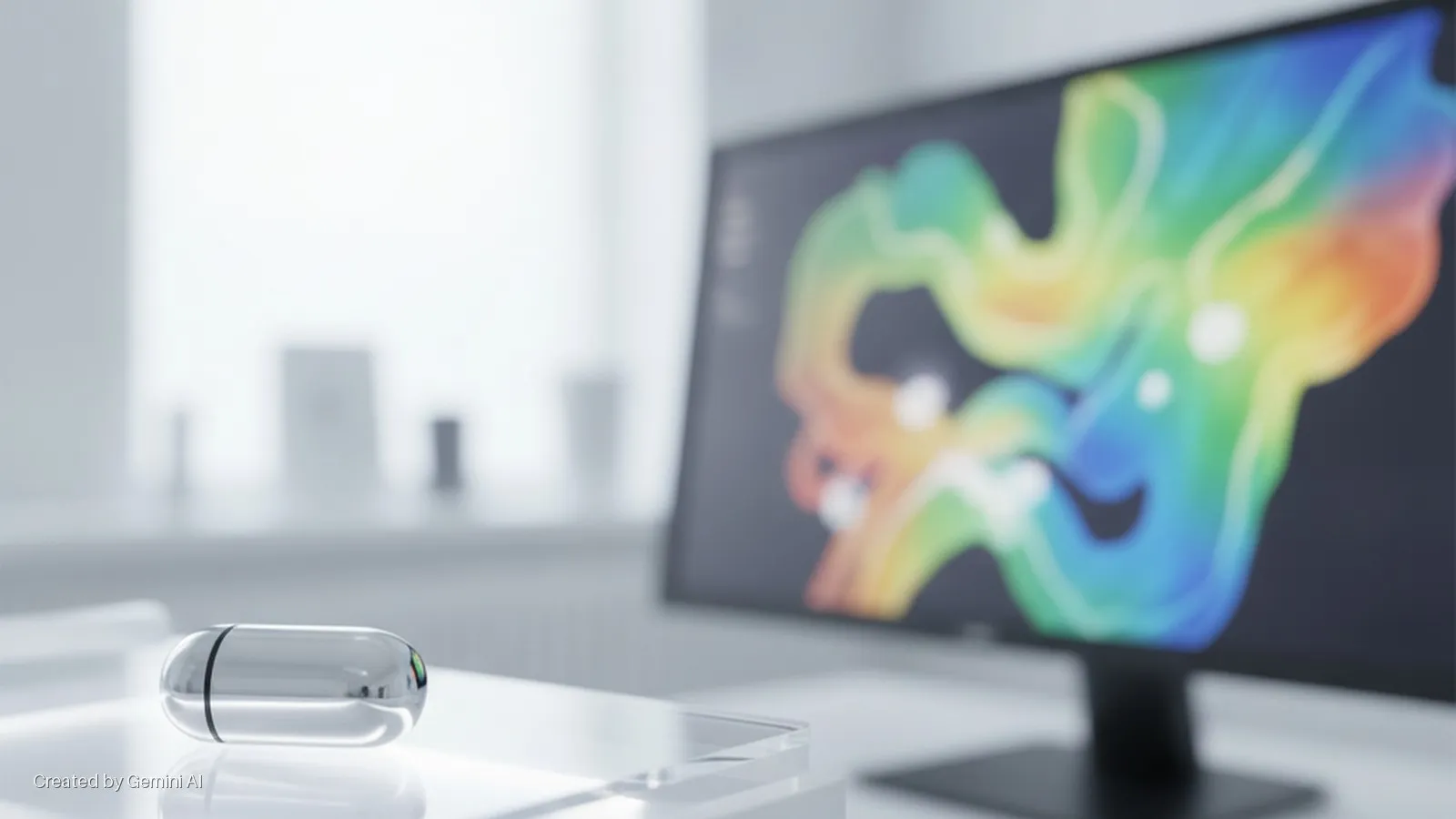 A reflective, capsule-shaped device rests on a clear surface in the foreground, with a blurred computer monitor displaying a vibrant, abstract rainbow pattern in a bright, minimalist room.