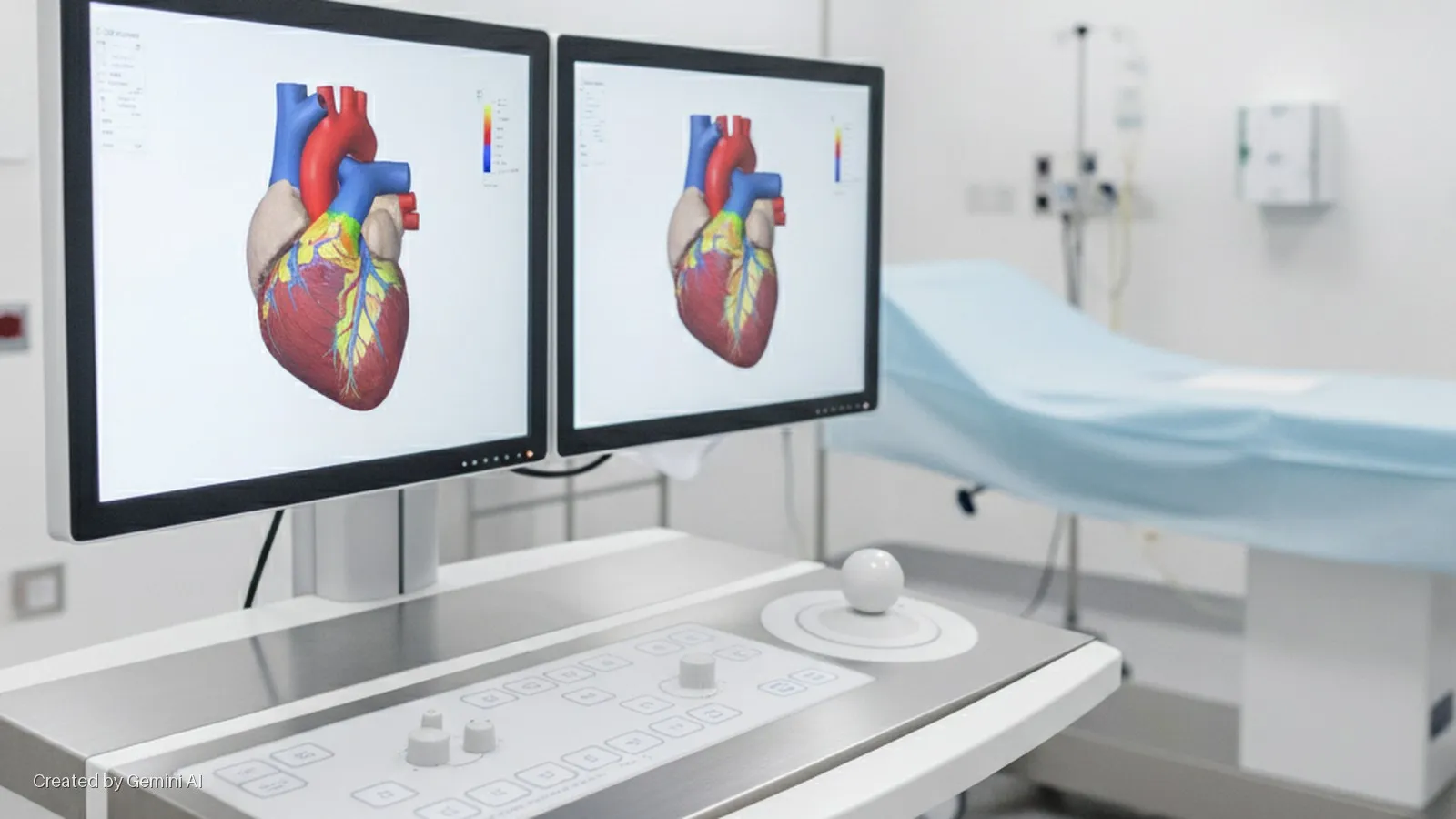Two monitors displaying a 3D human heart model are situated on a medical control panel with a trackball and knobs in a brightly lit clinical room with an examination table in the background.