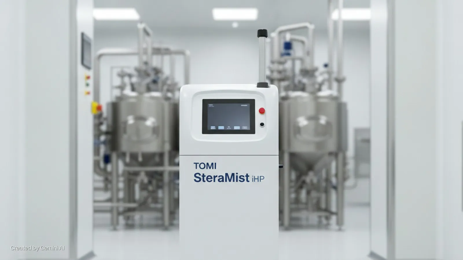 A white TOMI SteraMist iHP disinfection unit with a touchscreen and red button stands in a brightly lit cleanroom, with large stainless steel bioreactors and industrial piping blurred in the background.