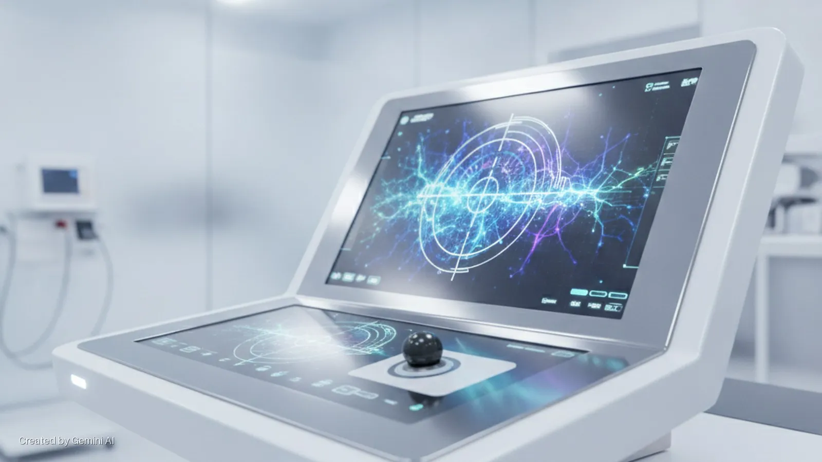 A bright, cool-lit modern medical console features a top screen displaying a blue and purple neural network graphic, a bottom touchscreen with glowing controls and a black joystick, all within a sterile laboratory setting.