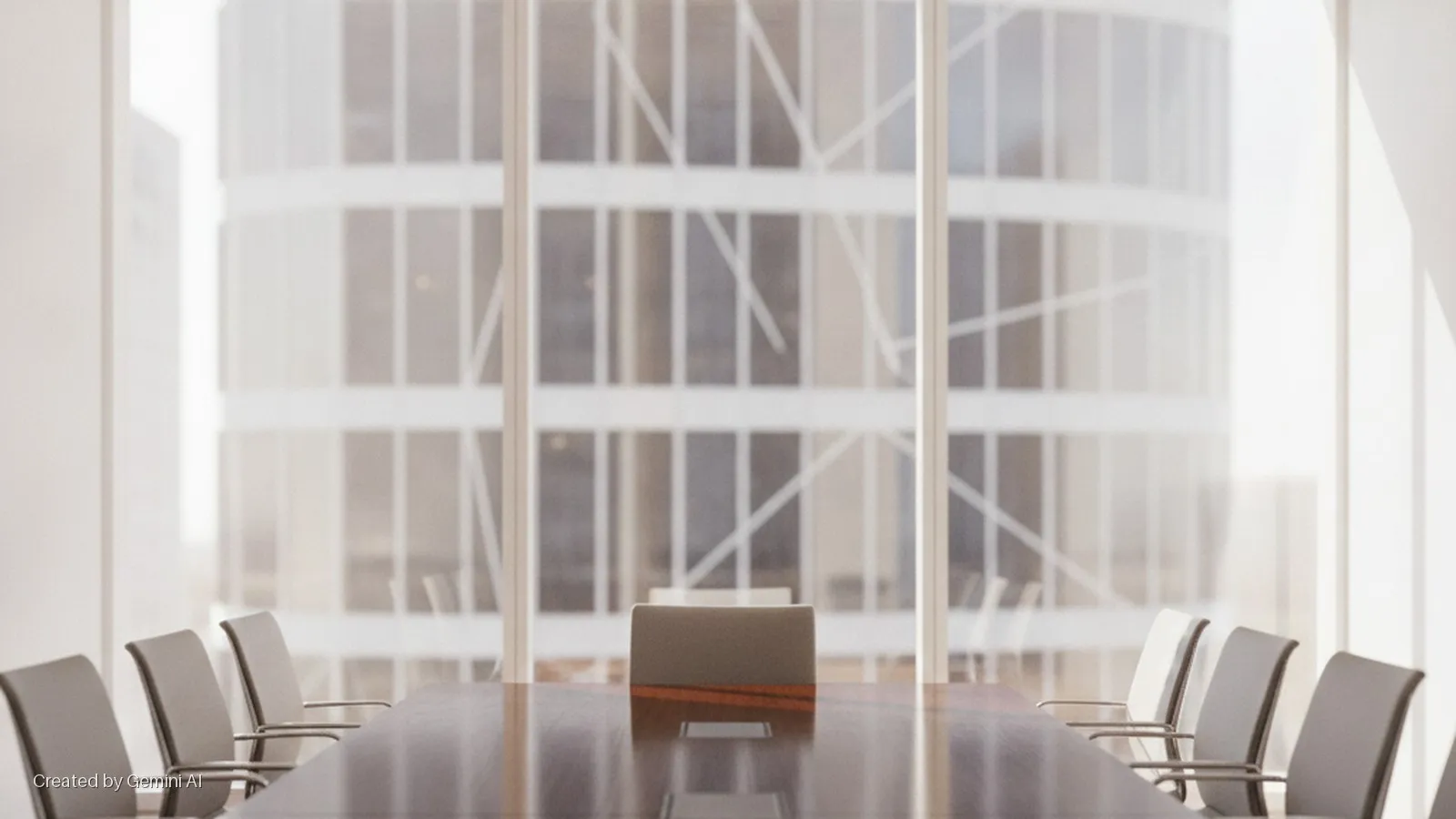 A modern conference room features a polished wooden table, grey chairs, and a laptop, illuminated by bright natural light from large windows overlooking a city building.