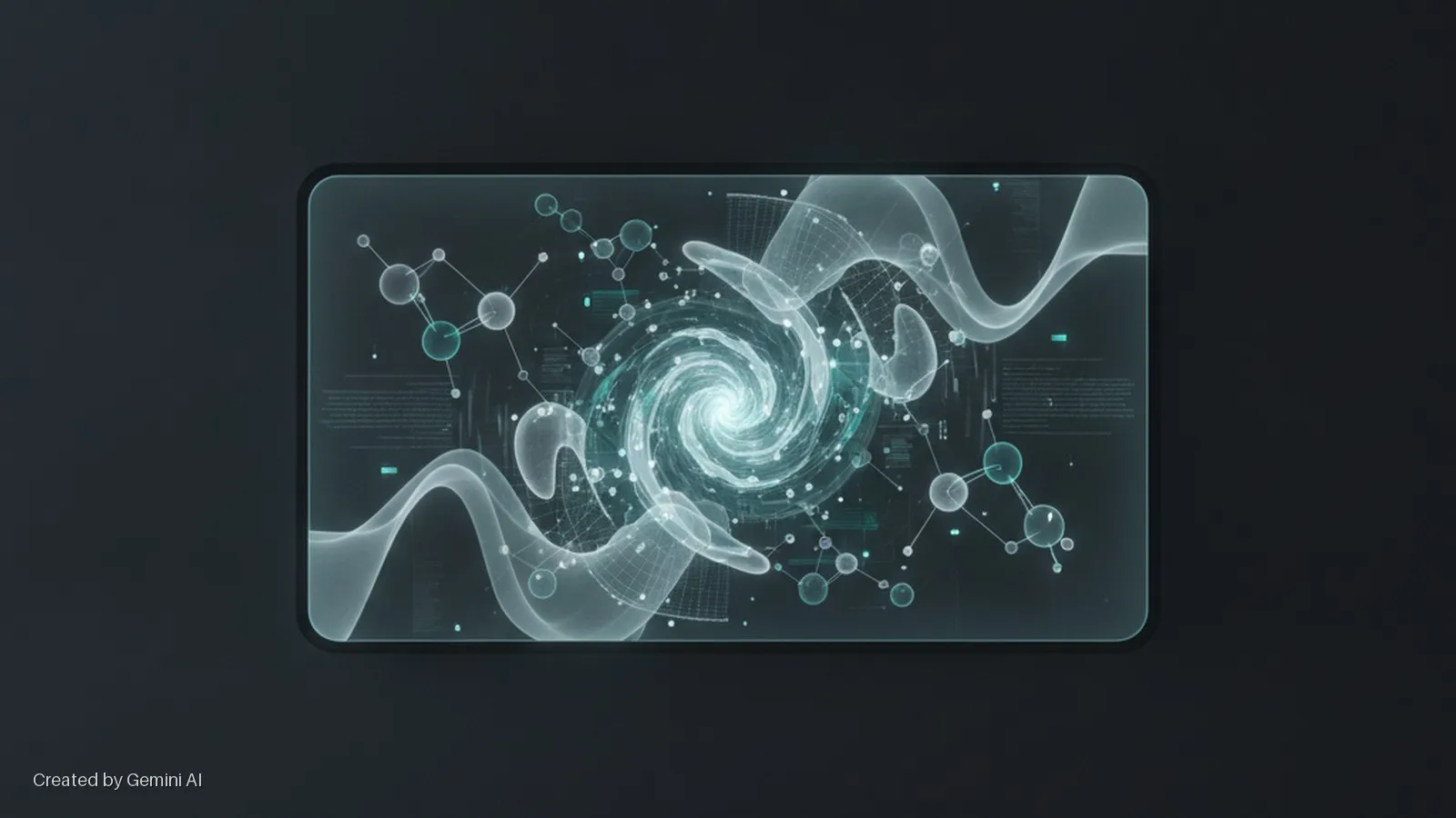A rectangular screen on a dark background displays a vibrant, swirling teal energy vortex surrounded by transparent molecular diagrams and abstract glowing lines.