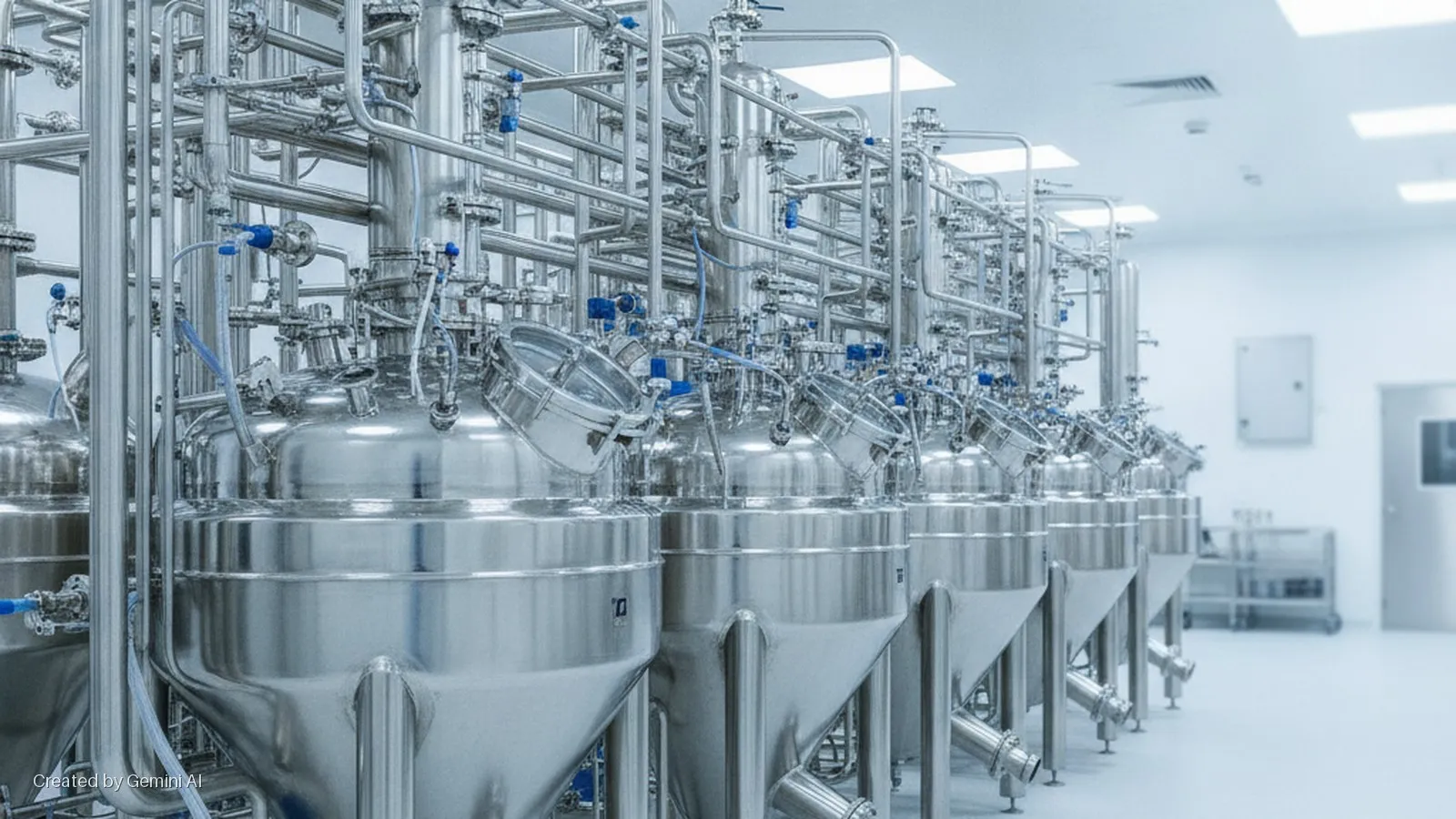 A row of gleaming stainless steel bioreactors with complex piping and blue valves extends into the distance in a brightly lit, sterile manufacturing facility.